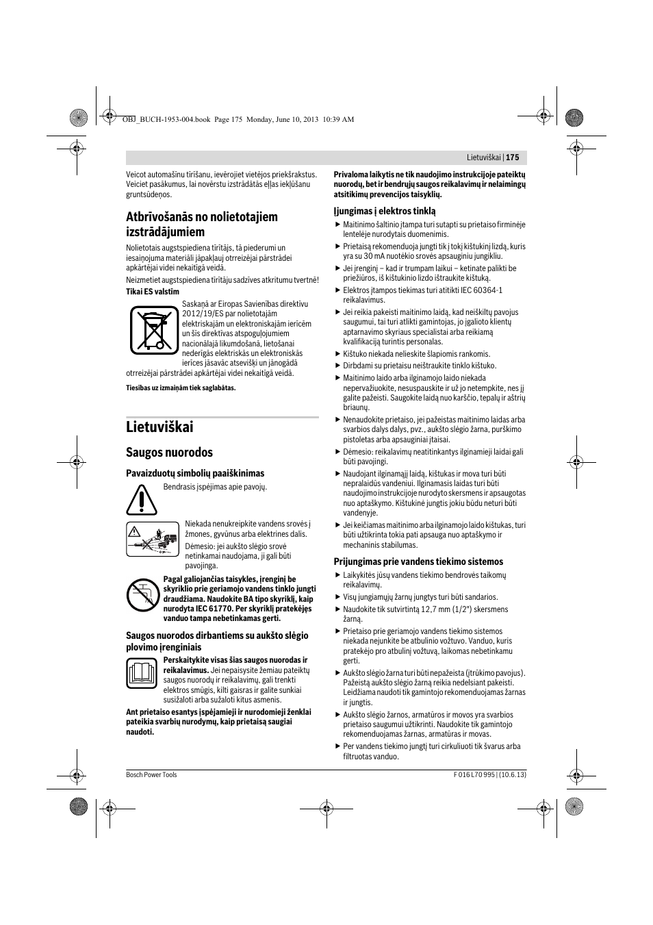 Lietuviškai, Atbrīvošanās no nolietotajiem izstrādājumiem, Saugos nuorodos | Bosch AQT 35-12 User Manual | Page 175 / 205