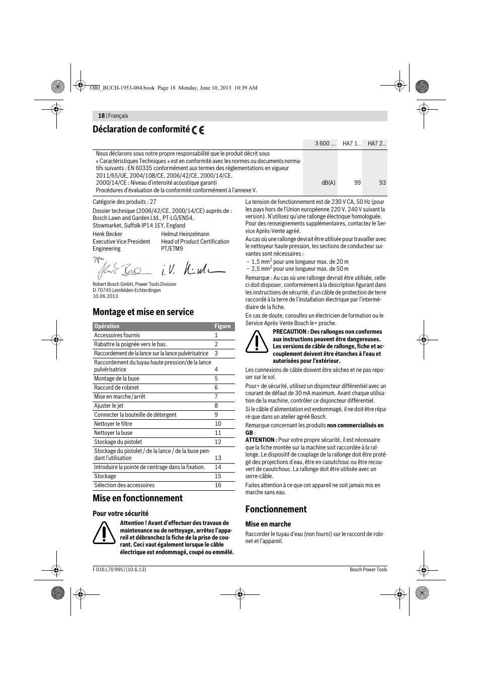 Déclaration de conformité, Montage et mise en service mise en fonctionnement, Fonctionnement | Bosch AQT 35-12 User Manual | Page 18 / 205