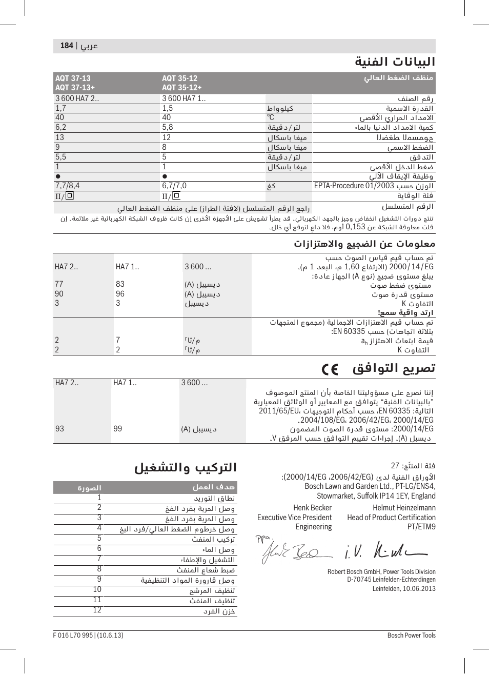 ليغشتلاو بيكرتلا, ةينفلا تانايبلا, قفاوتلا حيرصت | Bosch AQT 35-12 User Manual | Page 184 / 205