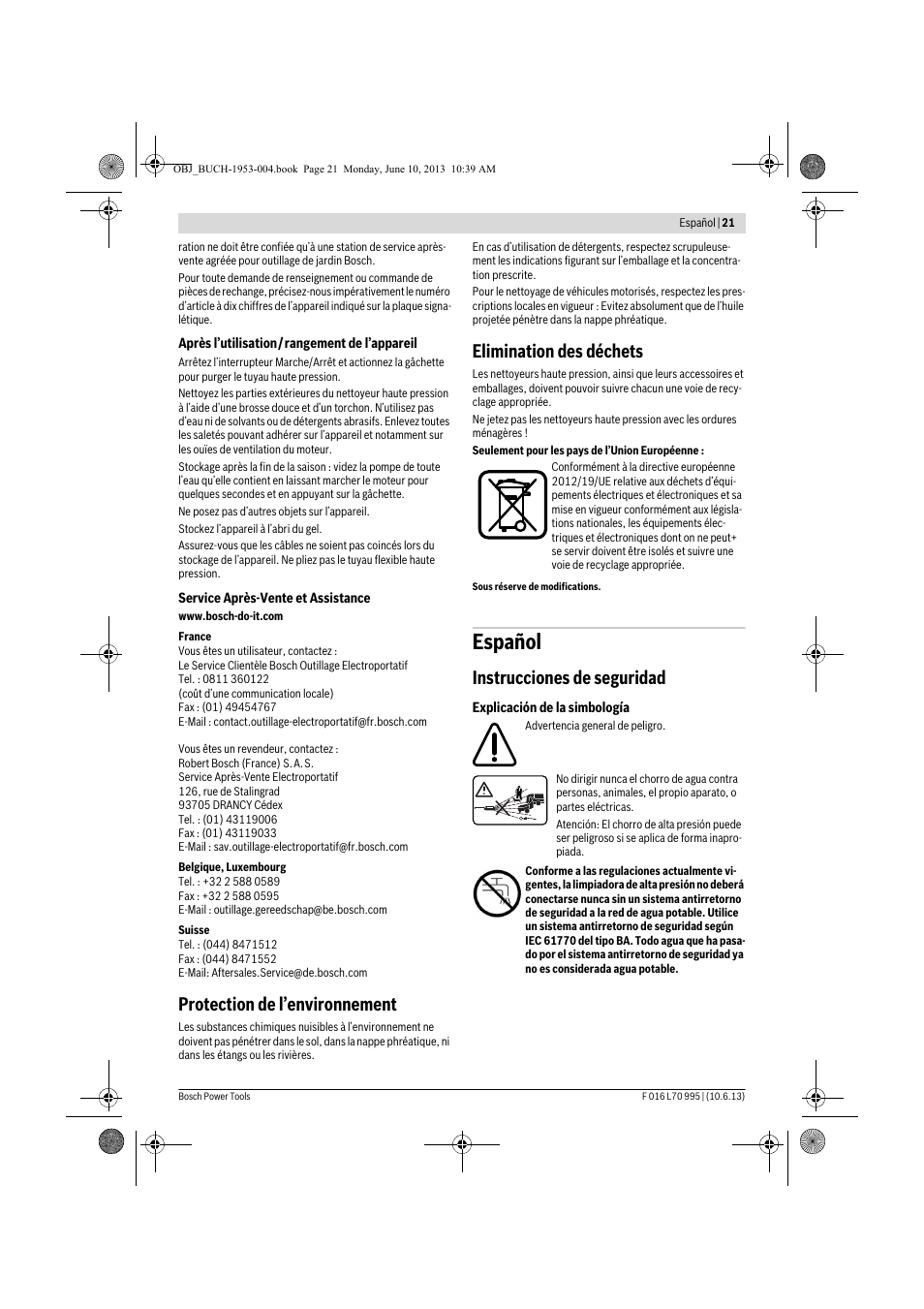 Español, Protection de l’environnement, Elimination des déchets | Instrucciones de seguridad | Bosch AQT 35-12 User Manual | Page 21 / 205