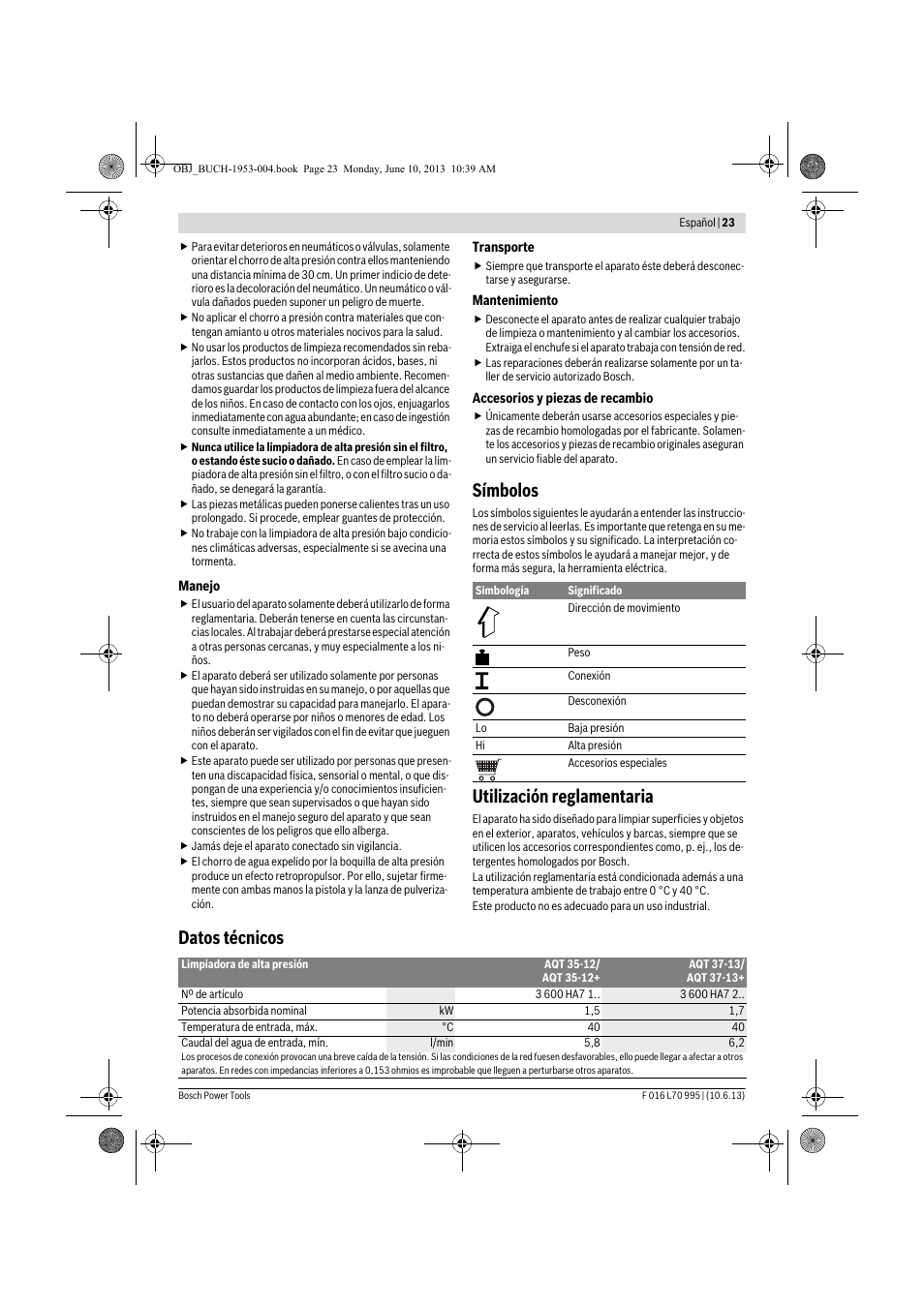 Símbolos, Utilización reglamentaria, Datos técnicos | Bosch AQT 35-12 User Manual | Page 23 / 205
