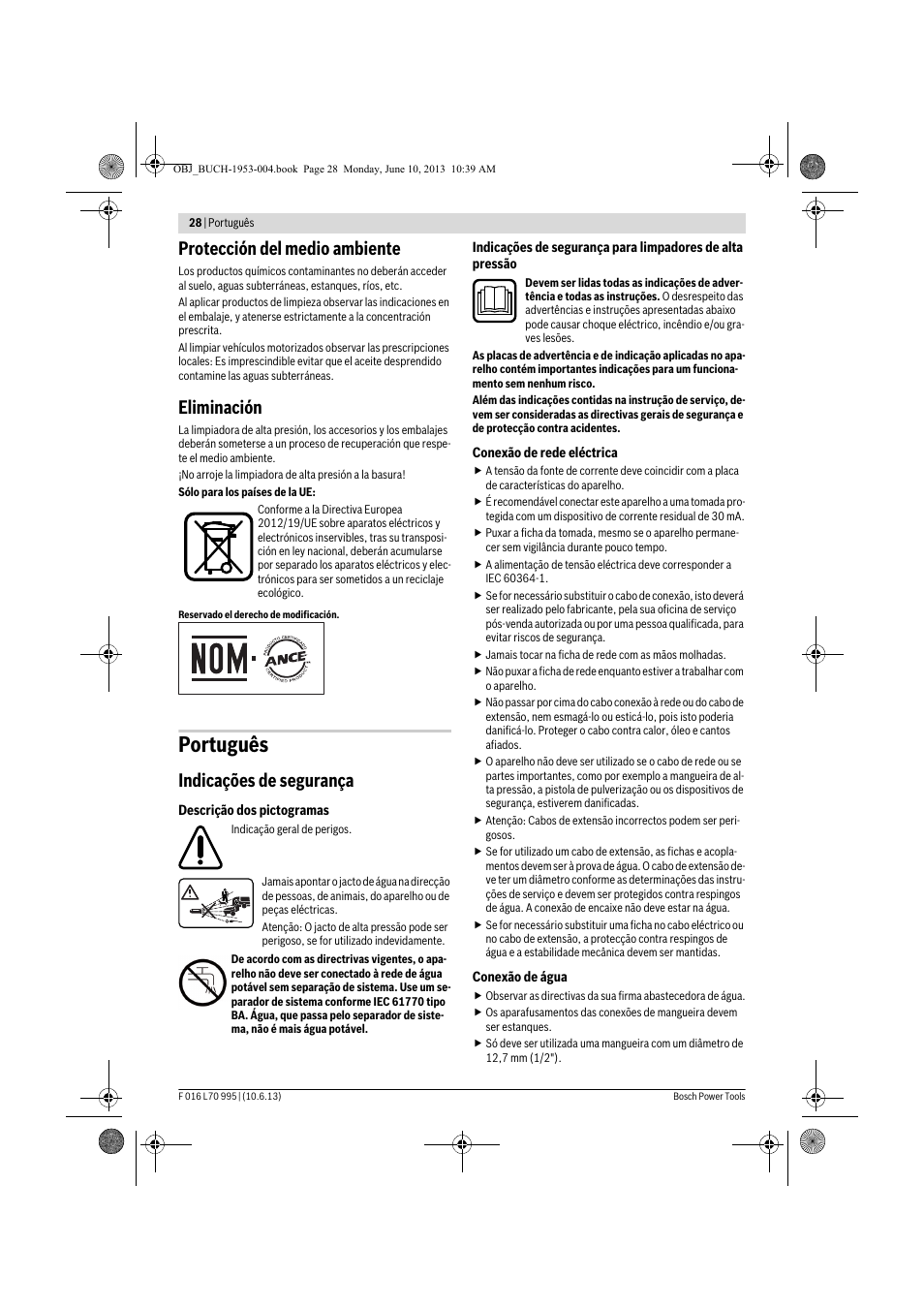 Português, Protección del medio ambiente, Eliminación | Indicações de segurança | Bosch AQT 35-12 User Manual | Page 28 / 205