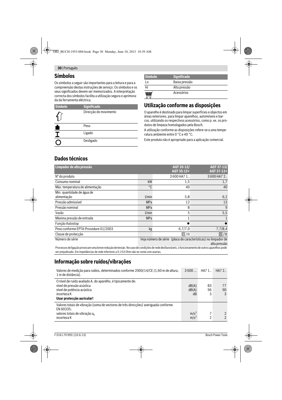 Símbolos, Utilização conforme as disposições, Dados técnicos informação sobre ruídos/vibrações | Bosch AQT 35-12 User Manual | Page 30 / 205