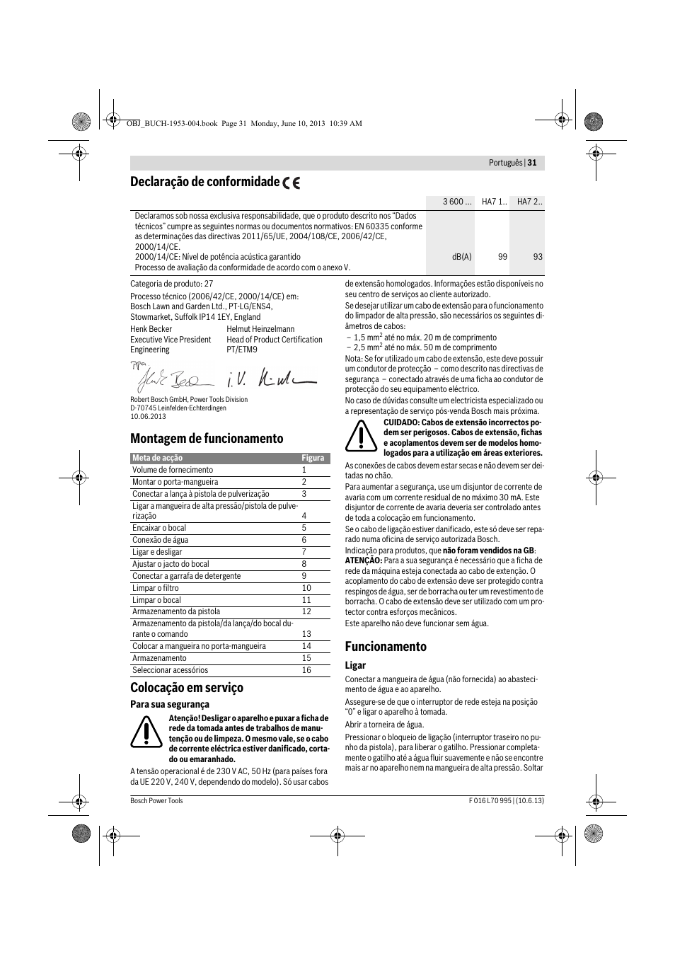 Declaração de conformidade, Montagem de funcionamento colocação em serviço, Funcionamento | Bosch AQT 35-12 User Manual | Page 31 / 205