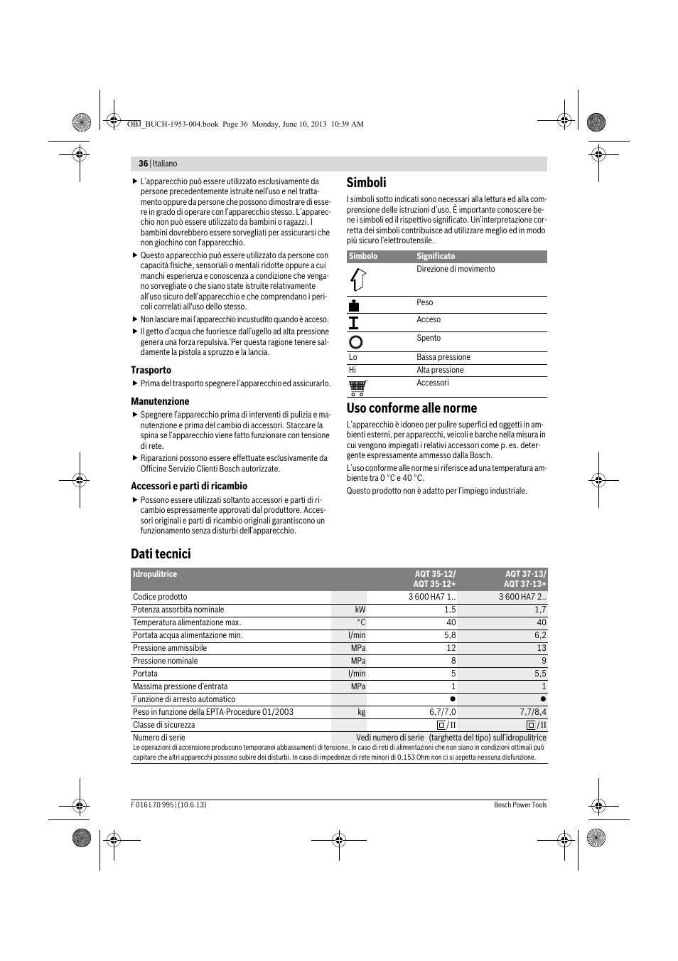 Simboli, Uso conforme alle norme, Dati tecnici | Bosch AQT 35-12 User Manual | Page 36 / 205