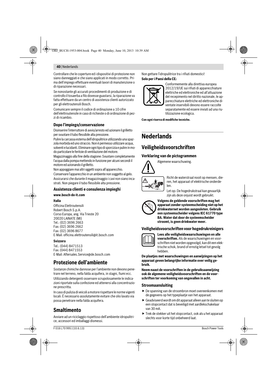 Nederlands, Protezione dell’ambiente, Smaltimento | Veiligheidsvoorschriften | Bosch AQT 35-12 User Manual | Page 40 / 205