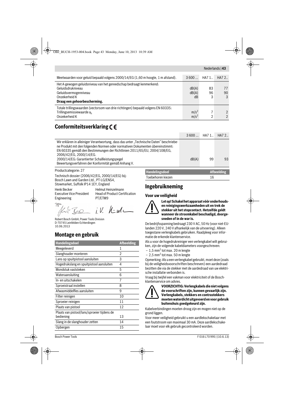 Conformiteitsverklaring, Montage en gebruik ingebruikneming | Bosch AQT 35-12 User Manual | Page 43 / 205