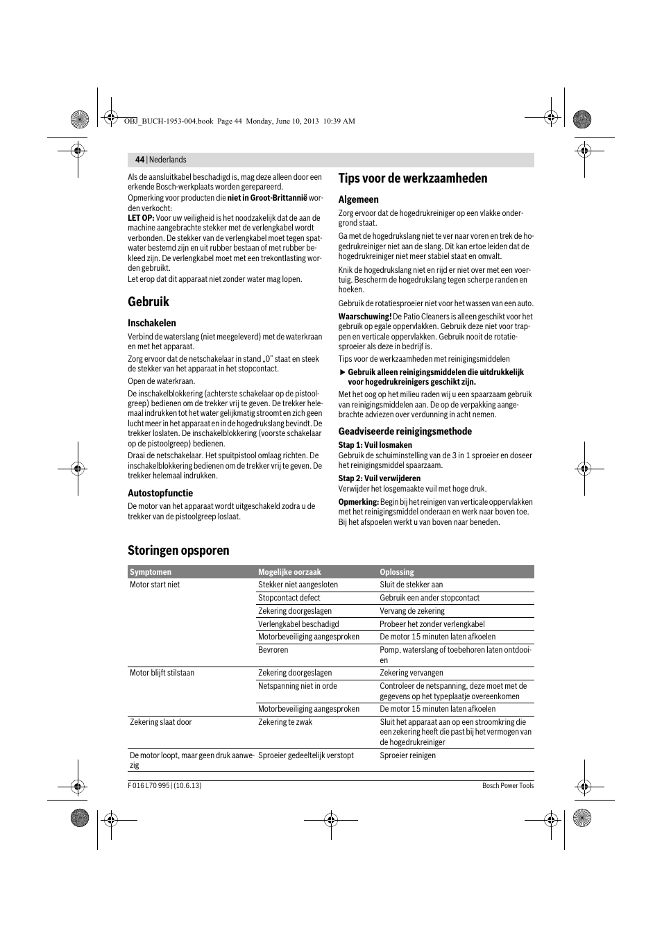 Gebruik, Tips voor de werkzaamheden, Storingen opsporen | Bosch AQT 35-12 User Manual | Page 44 / 205