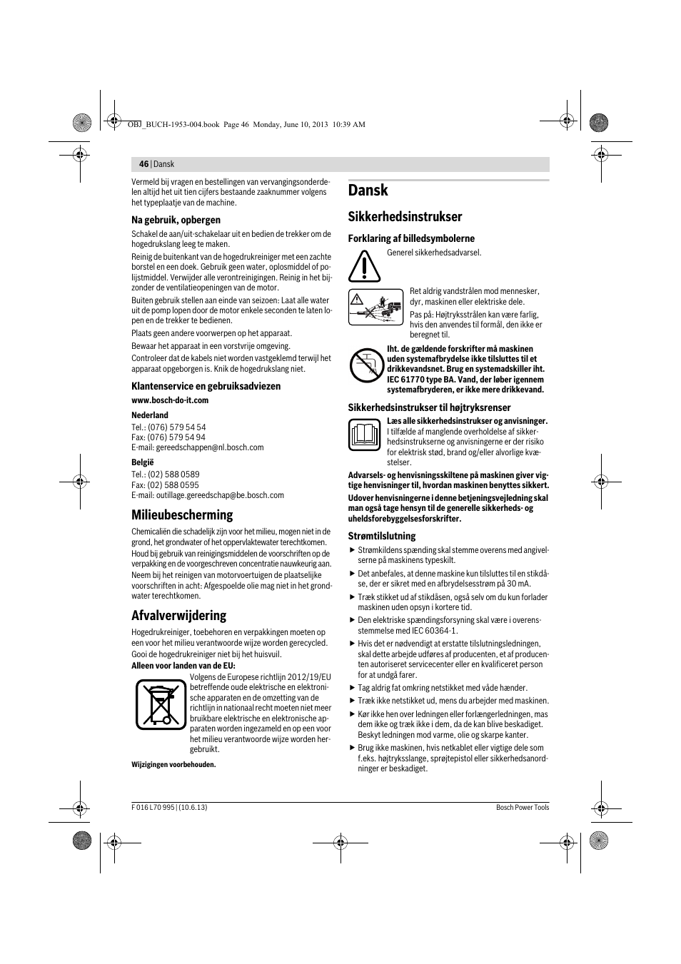 Dansk, Milieubescherming, Afvalverwijdering | Sikkerhedsinstrukser | Bosch AQT 35-12 User Manual | Page 46 / 205