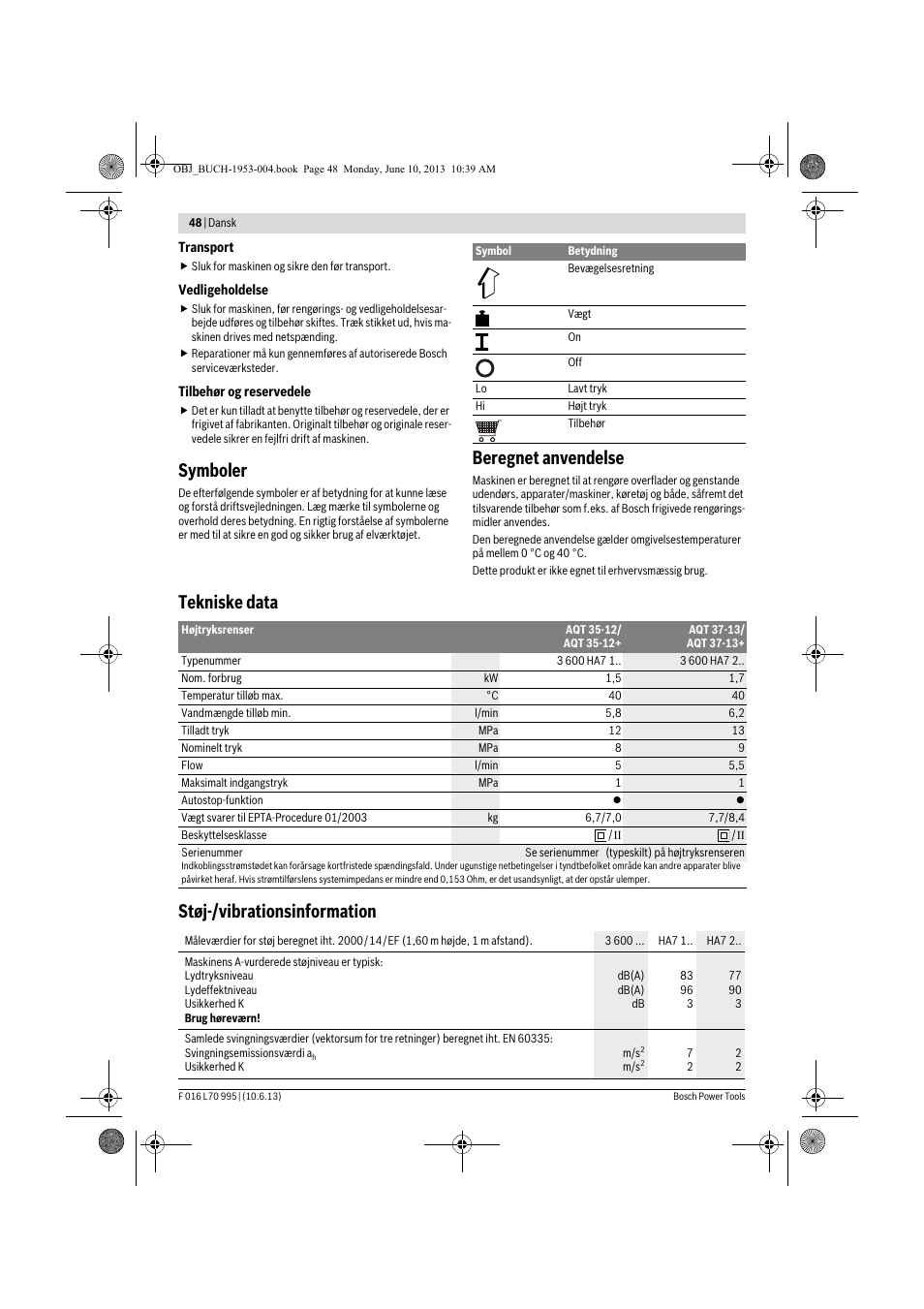 Symboler, Beregnet anvendelse, Tekniske data støj-/vibrationsinformation | Bosch AQT 35-12 User Manual | Page 48 / 205
