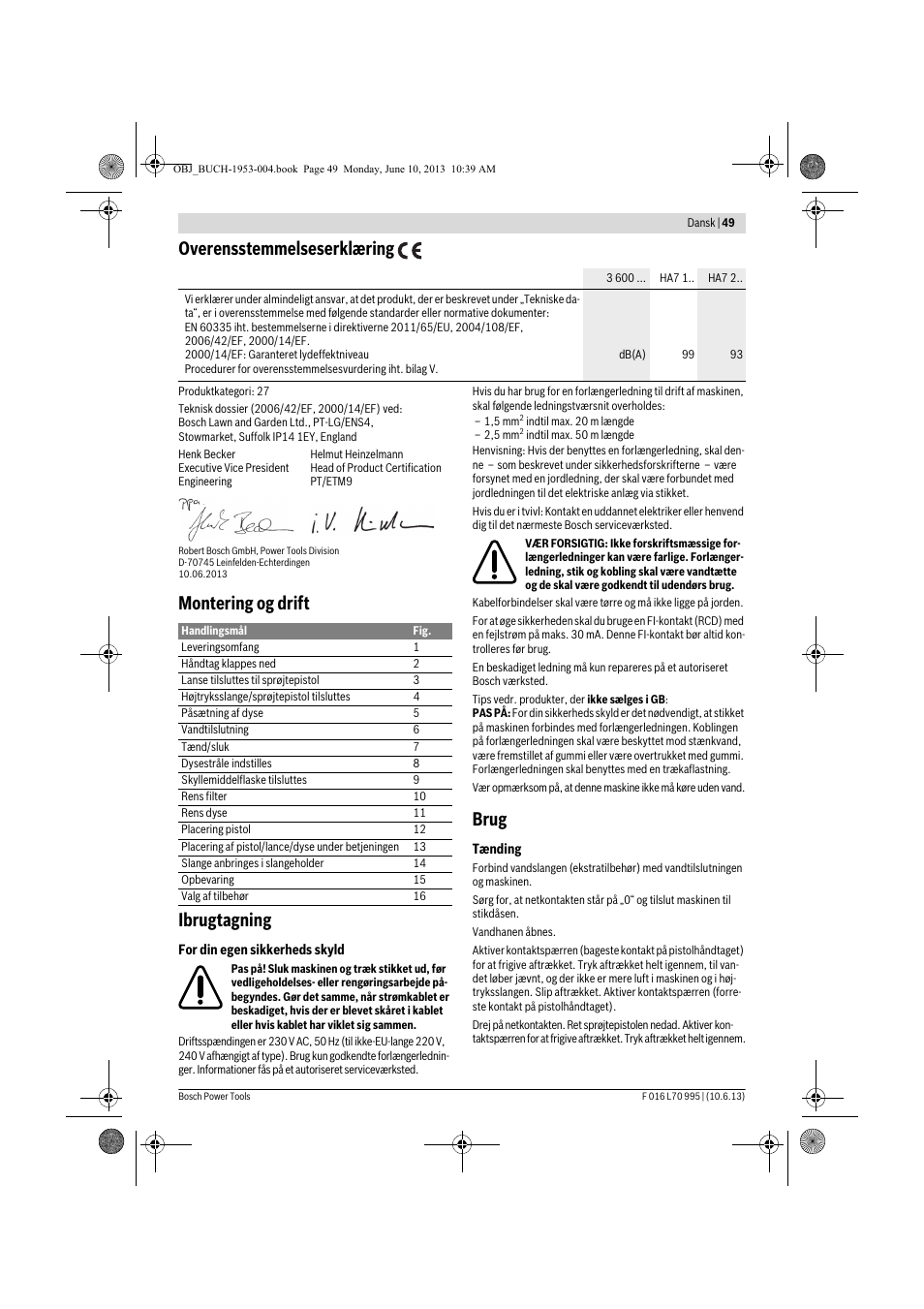 Overensstemmelseserklæring, Montering og drift ibrugtagning, Brug | Bosch AQT 35-12 User Manual | Page 49 / 205