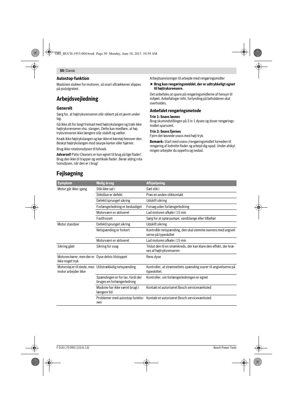 Arbejdsvejledning, Fejlsøgning | Bosch AQT 35-12 User Manual | Page 50 / 205