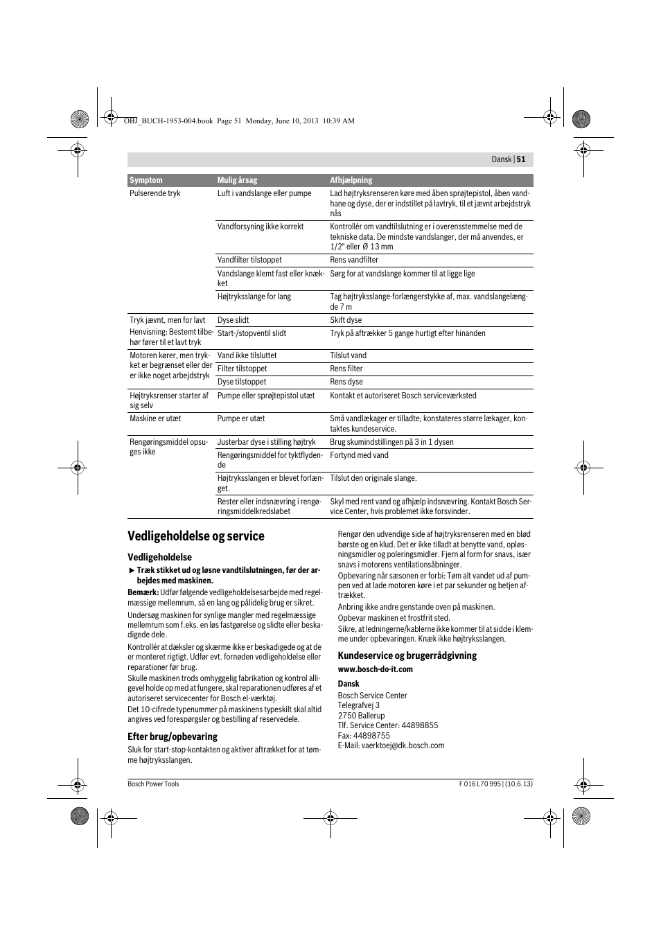 Vedligeholdelse og service | Bosch AQT 35-12 User Manual | Page 51 / 205