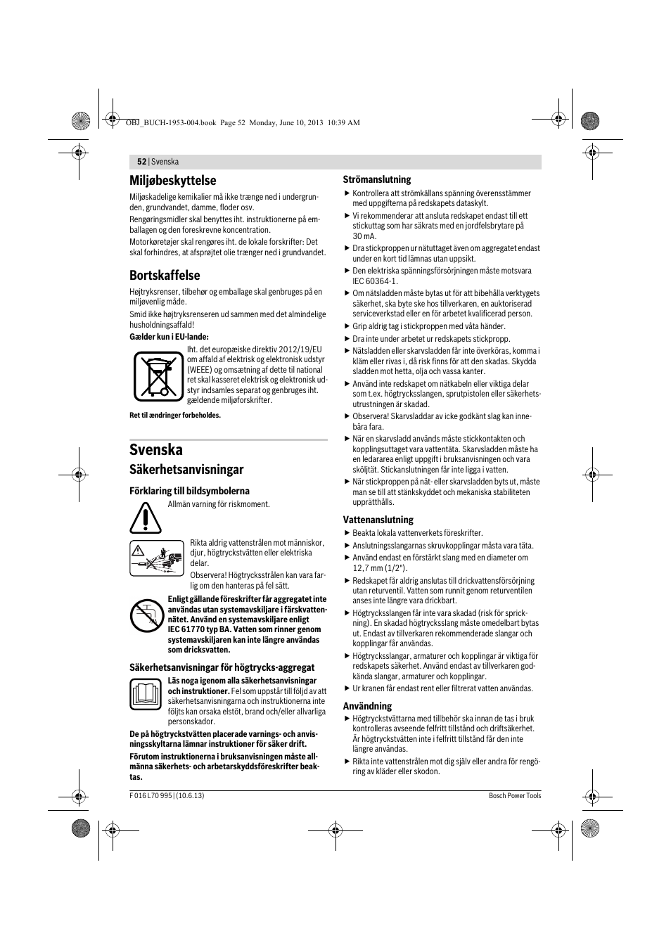 Svenska, Miljøbeskyttelse, Bortskaffelse | Säkerhetsanvisningar | Bosch AQT 35-12 User Manual | Page 52 / 205