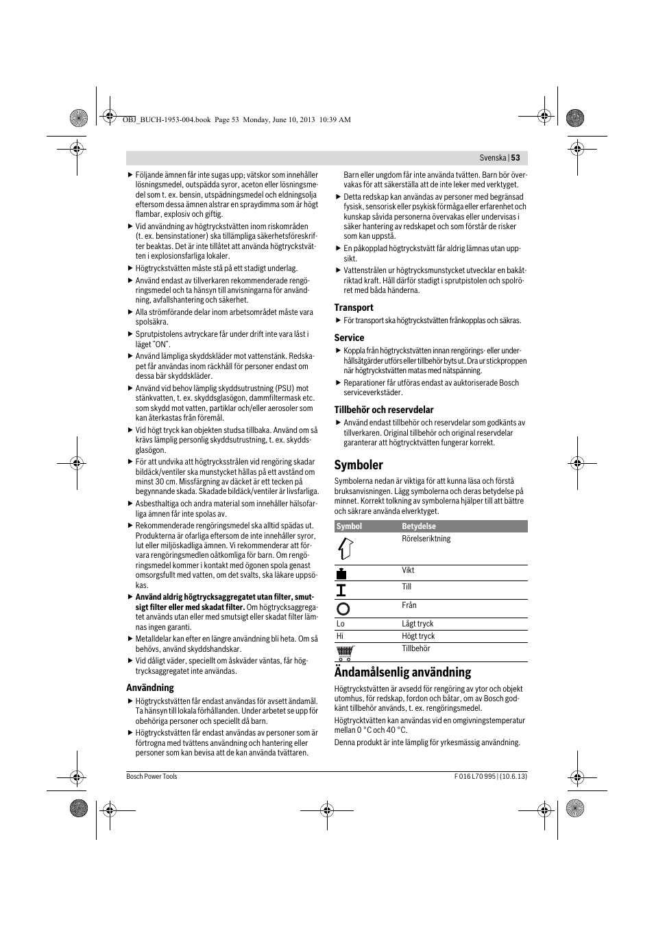 Symboler, Ändamålsenlig användning | Bosch AQT 35-12 User Manual | Page 53 / 205
