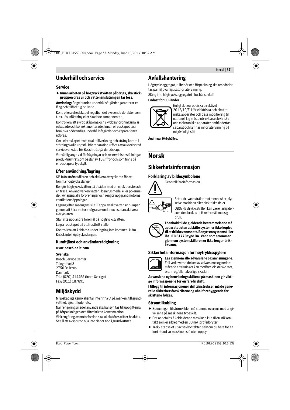Norsk, Underhåll och service, Miljöskydd | Avfallshantering, Sikkerhetsinformasjon | Bosch AQT 35-12 User Manual | Page 57 / 205