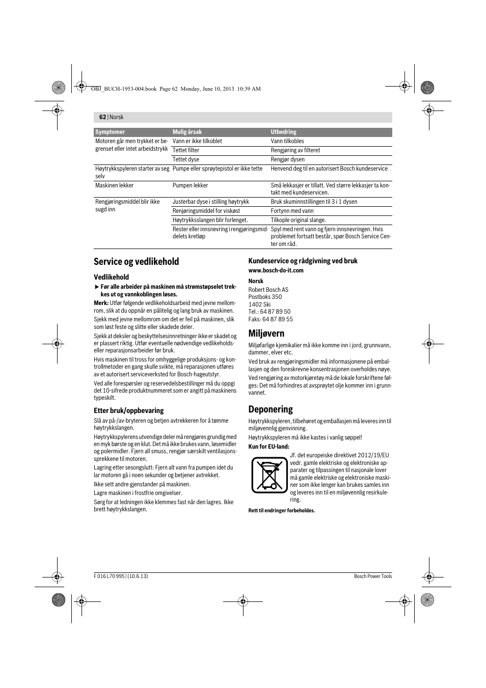 Service og vedlikehold, Miljøvern, Deponering | Bosch AQT 35-12 User Manual | Page 62 / 205