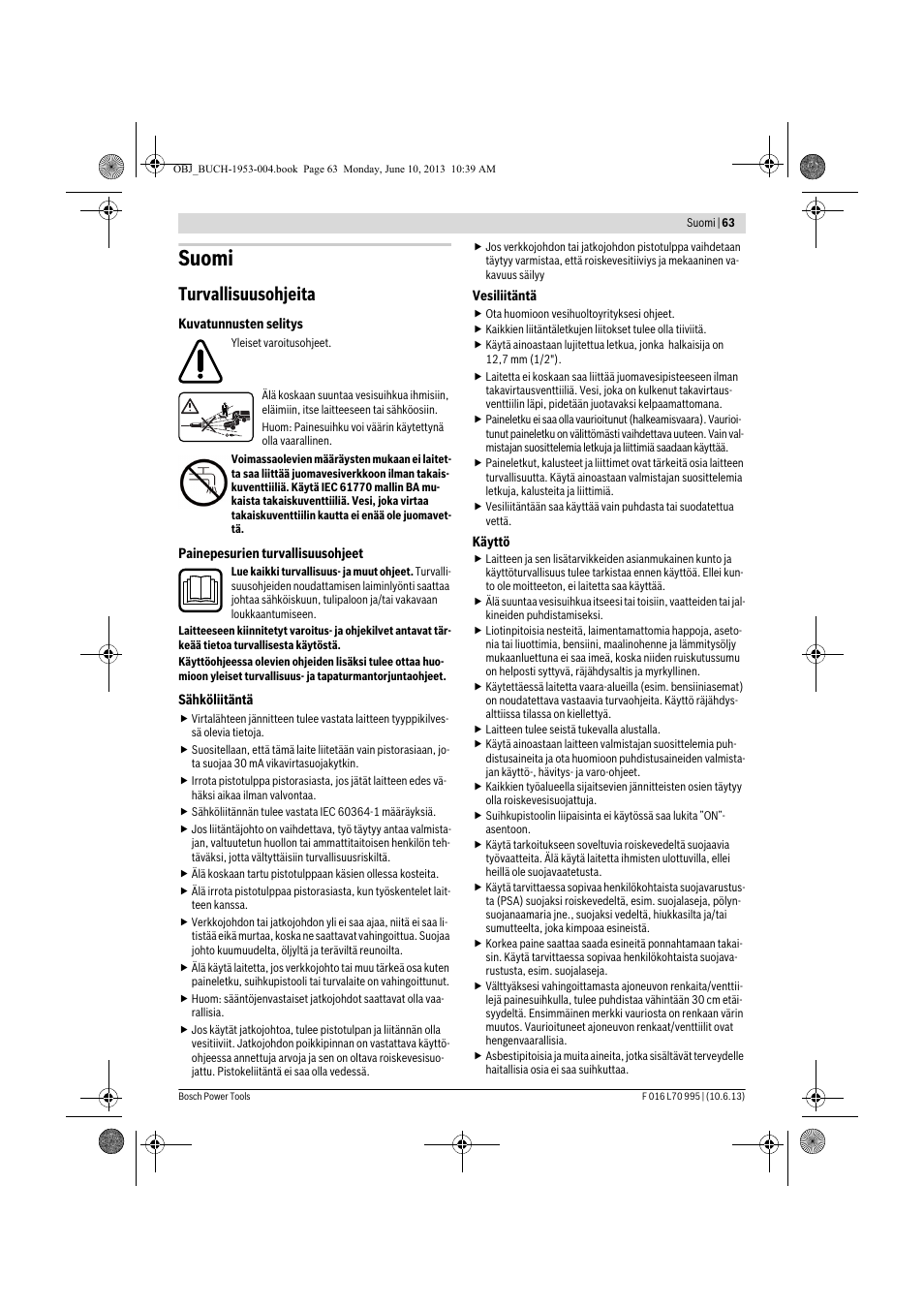 Suomi, Turvallisuusohjeita | Bosch AQT 35-12 User Manual | Page 63 / 205