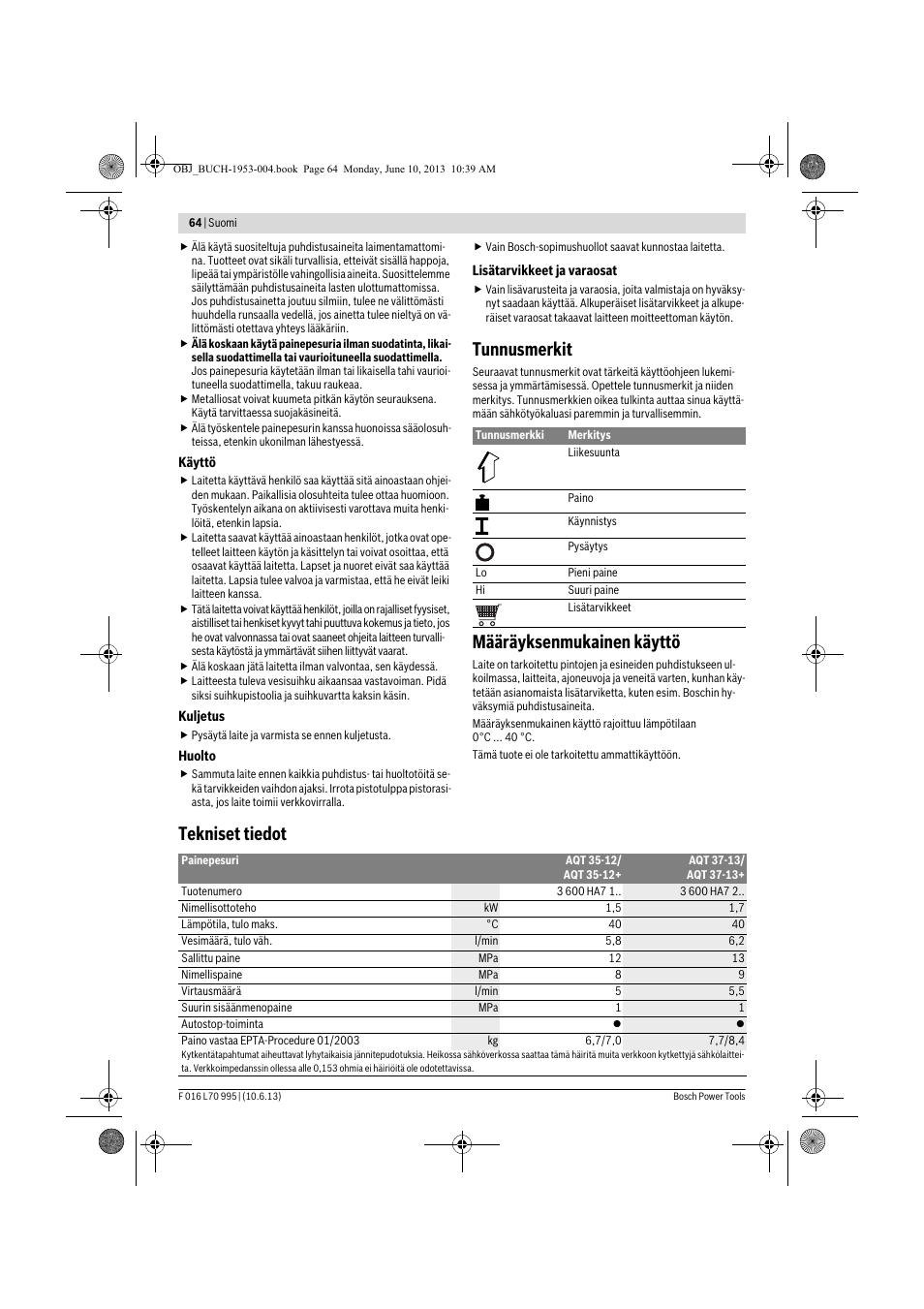 Tunnusmerkit, Määräyksenmukainen käyttö, Tekniset tiedot | Bosch AQT 35-12 User Manual | Page 64 / 205