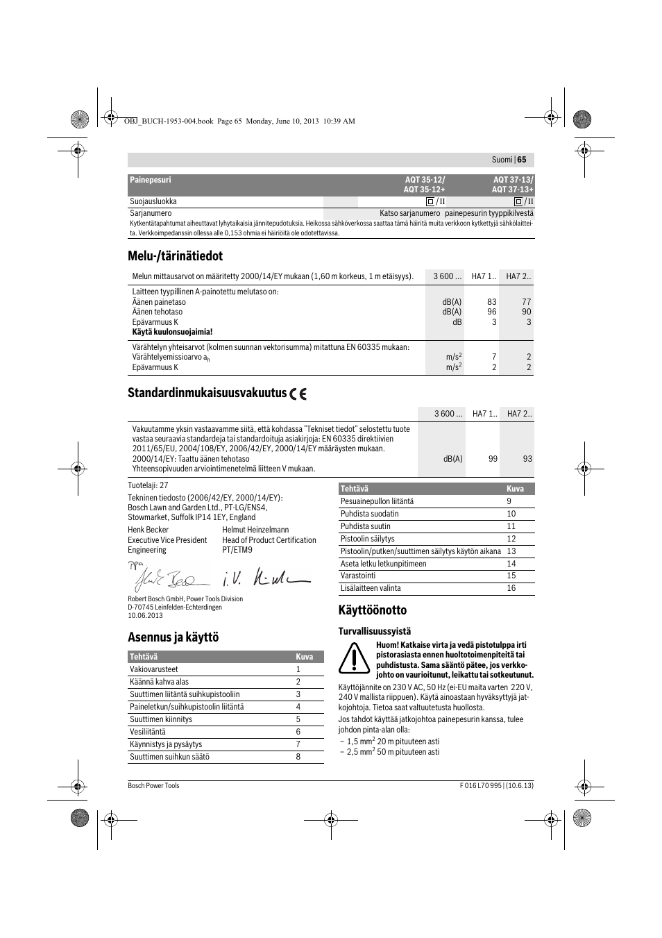 Melu-/tärinätiedot standardinmukaisuusvakuutus, Asennus ja käyttö käyttöönotto | Bosch AQT 35-12 User Manual | Page 65 / 205