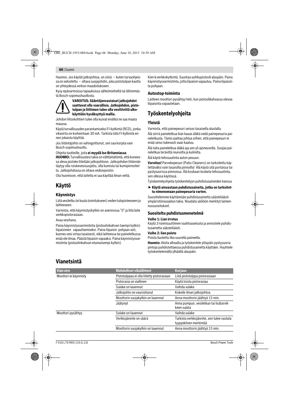 Käyttö, Työskentelyohjeita, Vianetsintä | Bosch AQT 35-12 User Manual | Page 66 / 205