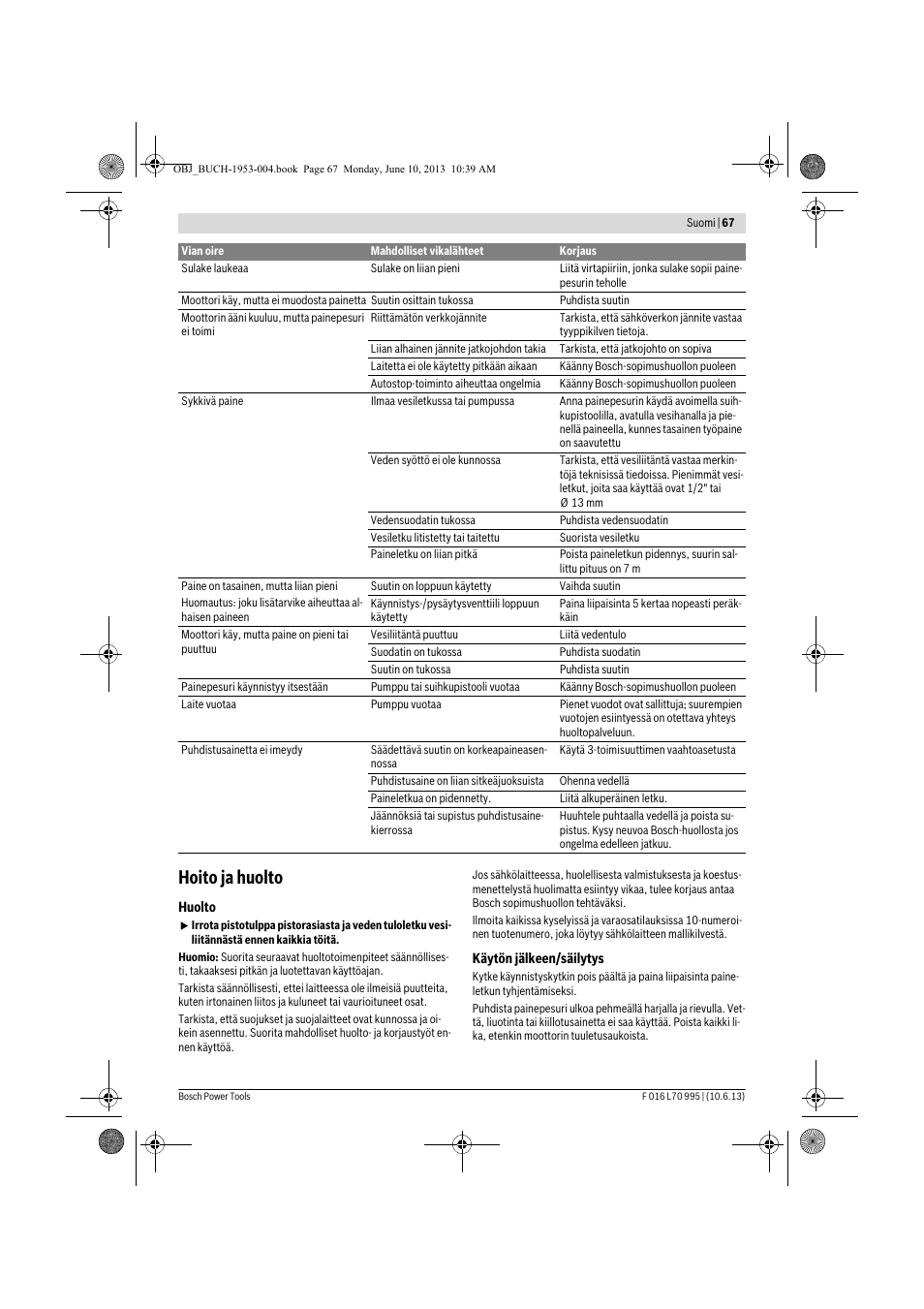 Hoito ja huolto | Bosch AQT 35-12 User Manual | Page 67 / 205