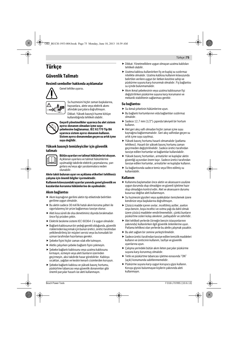 Türkçe, Güvenlik talimatı | Bosch AQT 35-12 User Manual | Page 75 / 205