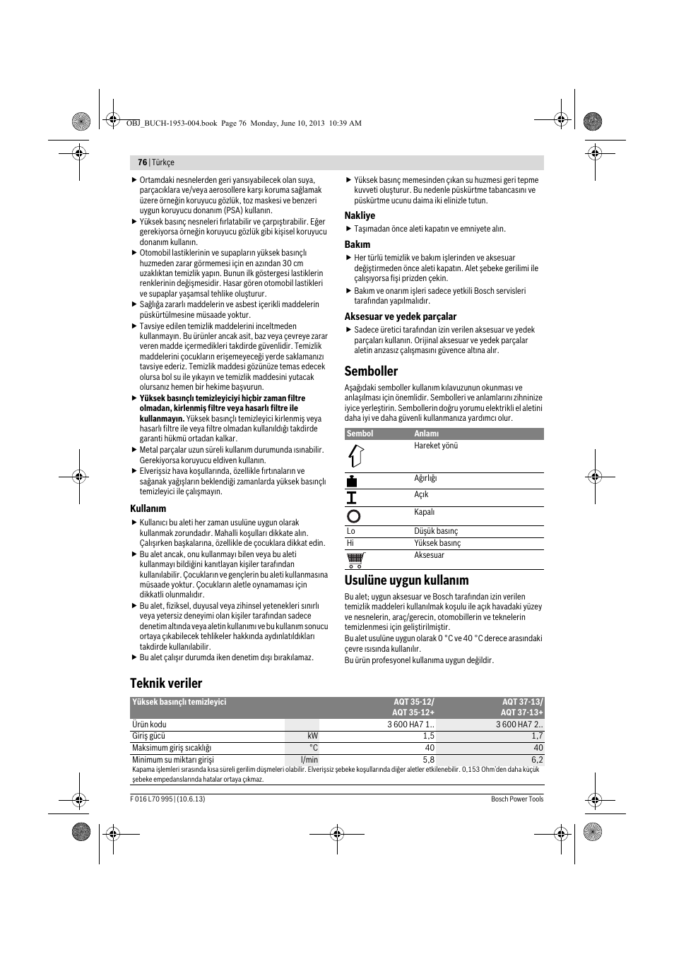 Semboller, Usulüne uygun kullanım, Teknik veriler | Bosch AQT 35-12 User Manual | Page 76 / 205