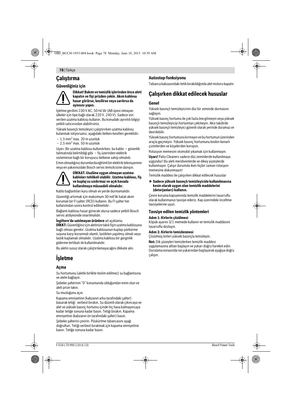 Çalıştırma, Işletme, Çalışırken dikkat edilecek hususlar | Bosch AQT 35-12 User Manual | Page 78 / 205