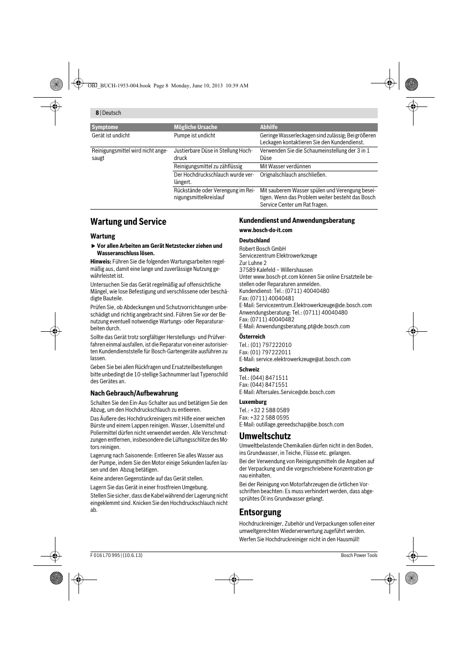Wartung und service, Umweltschutz, Entsorgung | Bosch AQT 35-12 User Manual | Page 8 / 205