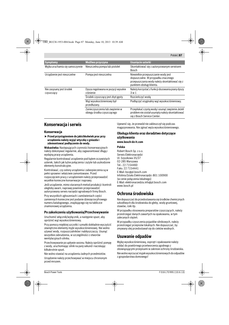 Konserwacja i serwis, Ochrona środowiska, Usuwanie odpadów | Bosch AQT 35-12 User Manual | Page 87 / 205