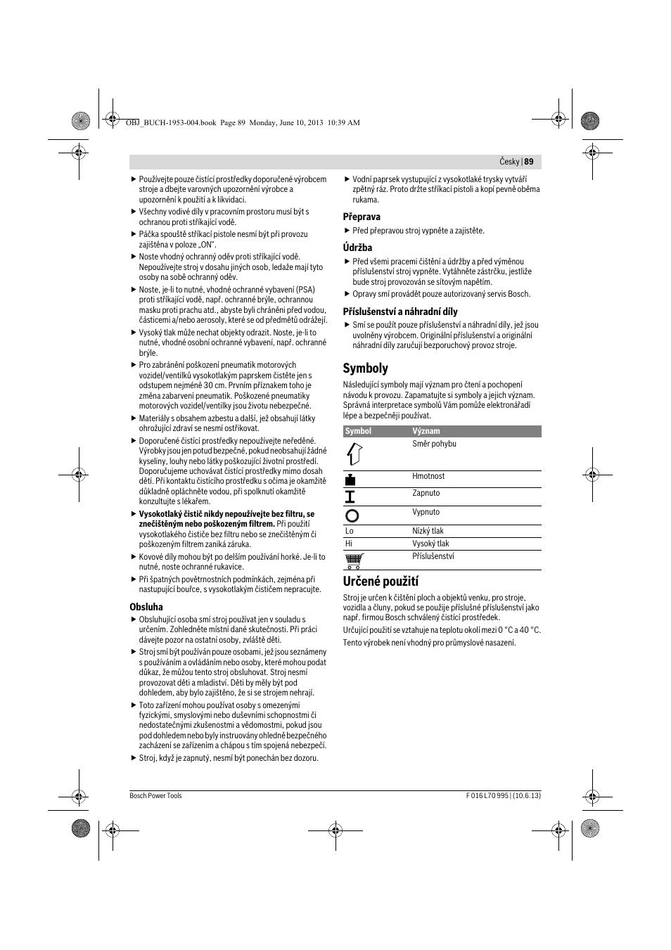 Symboly, Určené použití | Bosch AQT 35-12 User Manual | Page 89 / 205