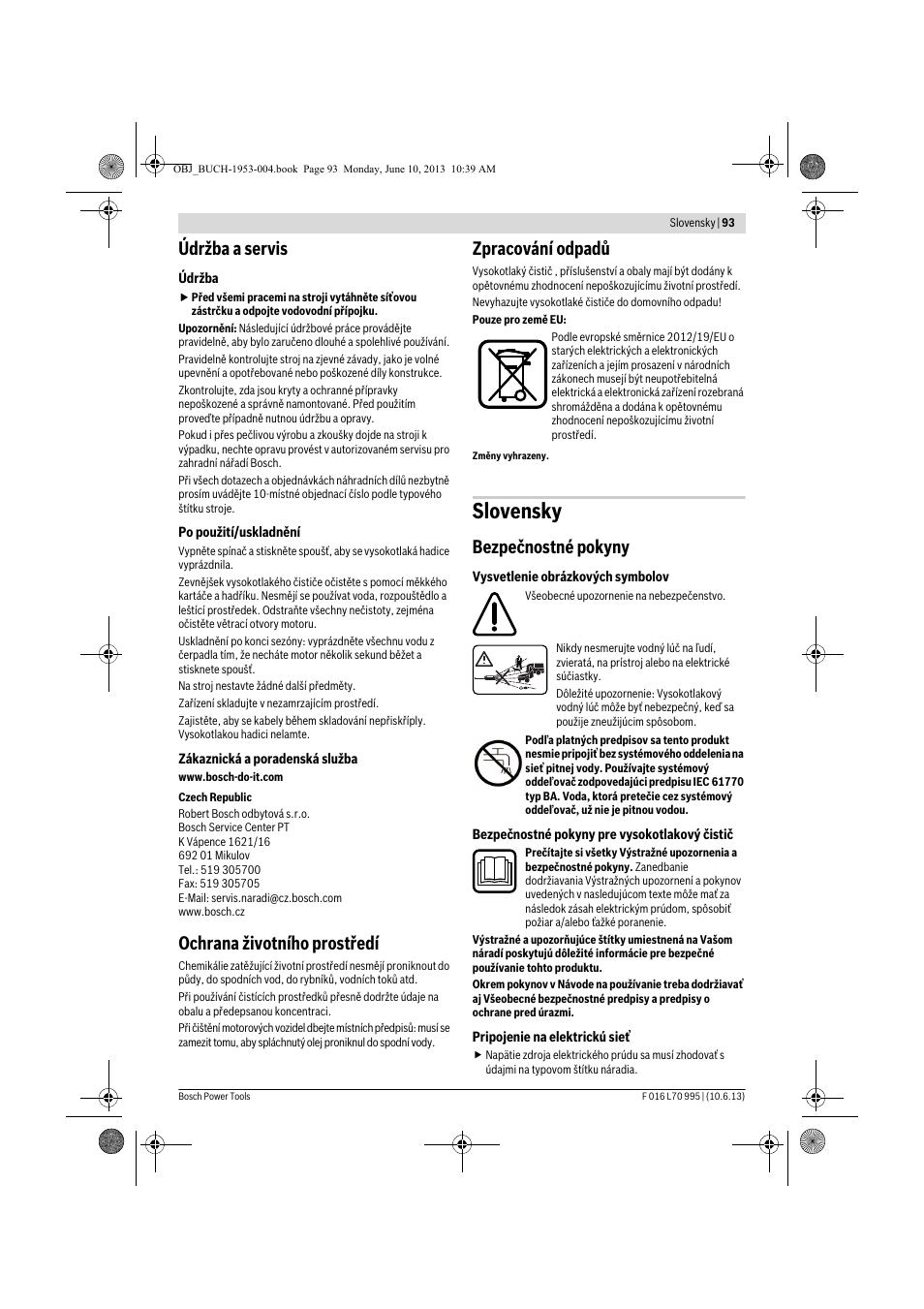 Slovensky, Údržba a servis, Ochrana životního prostředí | Zpracování odpadů, Bezpečnostné pokyny | Bosch AQT 35-12 User Manual | Page 93 / 205