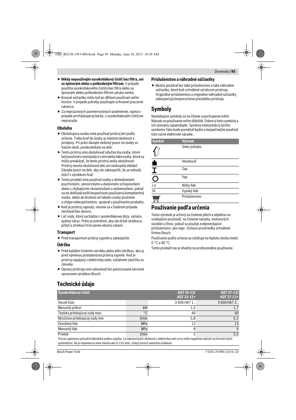 Symboly, Používanie podľa určenia, Technické údaje | Bosch AQT 35-12 User Manual | Page 95 / 205