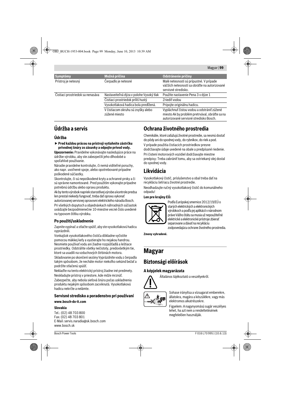 Magyar, Údržba a servis, Ochrana životného prostredia | Likvidácia, Biztonsági előírások | Bosch AQT 35-12 User Manual | Page 99 / 205