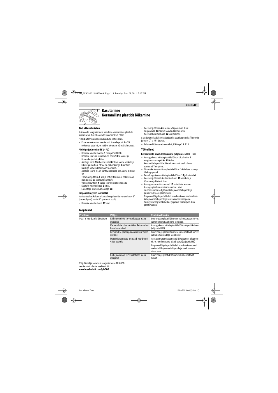Kasutamine keraamiliste plaatide lõikamine | Bosch PLS 300 User Manual | Page 119 / 130