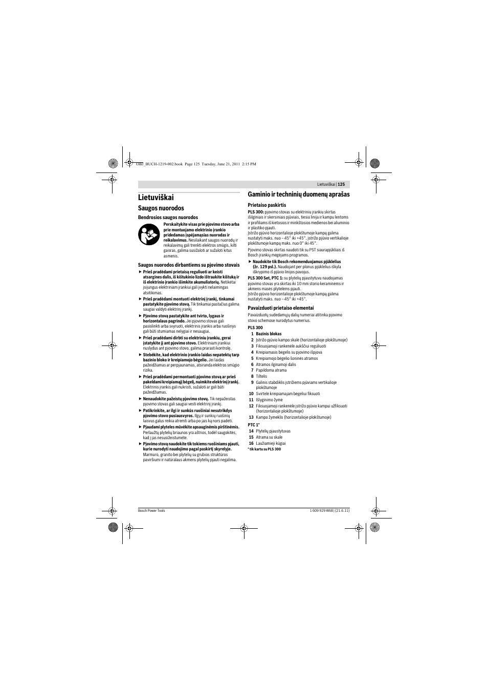 Lietuviškai, Saugos nuorodos, Gaminio ir techninių duomenų aprašas | Bosch PLS 300 User Manual | Page 125 / 130