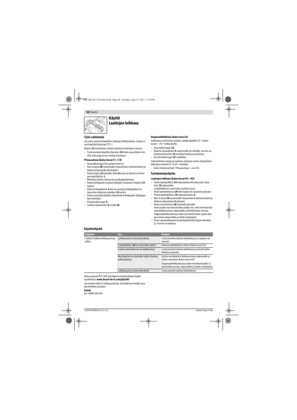 Käyttö laattojen leikkaus | Bosch PLS 300 User Manual | Page 56 / 130