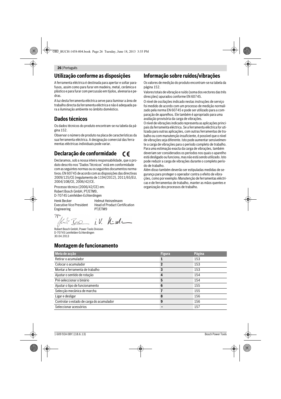 Utilização conforme as disposições, Dados técnicos, Declaração de conformidade | Informação sobre ruídos/vibrações, Montagem de funcionamento | Bosch GSB 10,8-2-LI Professional User Manual | Page 26 / 157