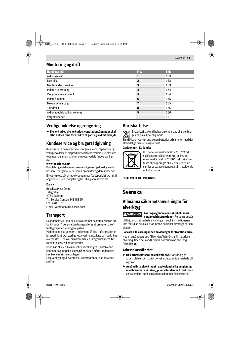Svenska, Montering og drift vedligeholdelse og rengøring, Kundeservice og brugerrådgivning | Transport, Bortskaffelse, Allmänna säkerhetsanvisningar för elverktyg | Bosch GSB 10,8-2-LI Professional User Manual | Page 41 / 157