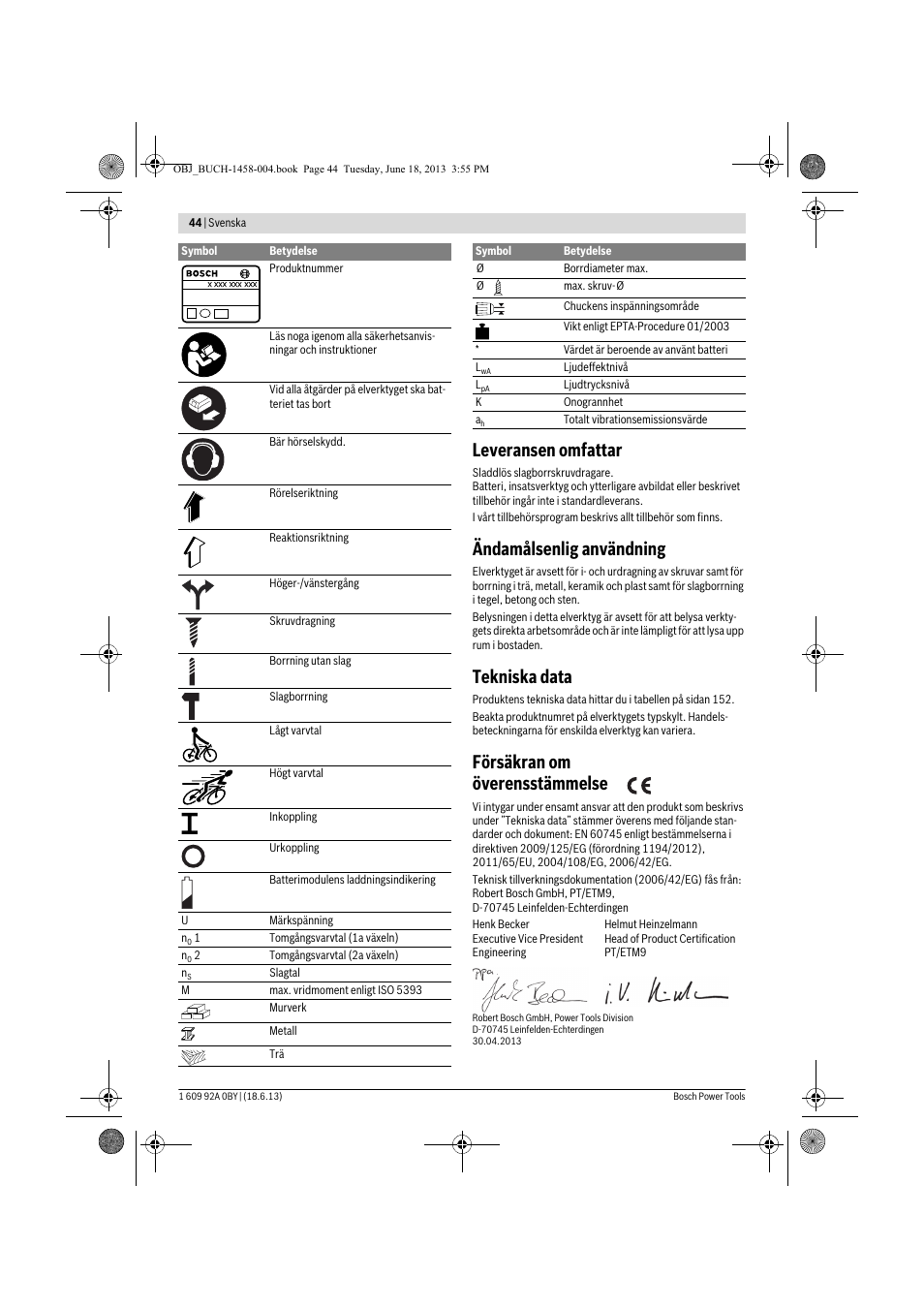 Leveransen omfattar, Ändamålsenlig användning, Tekniska data | Försäkran om överensstämmelse | Bosch GSB 10,8-2-LI Professional User Manual | Page 44 / 157