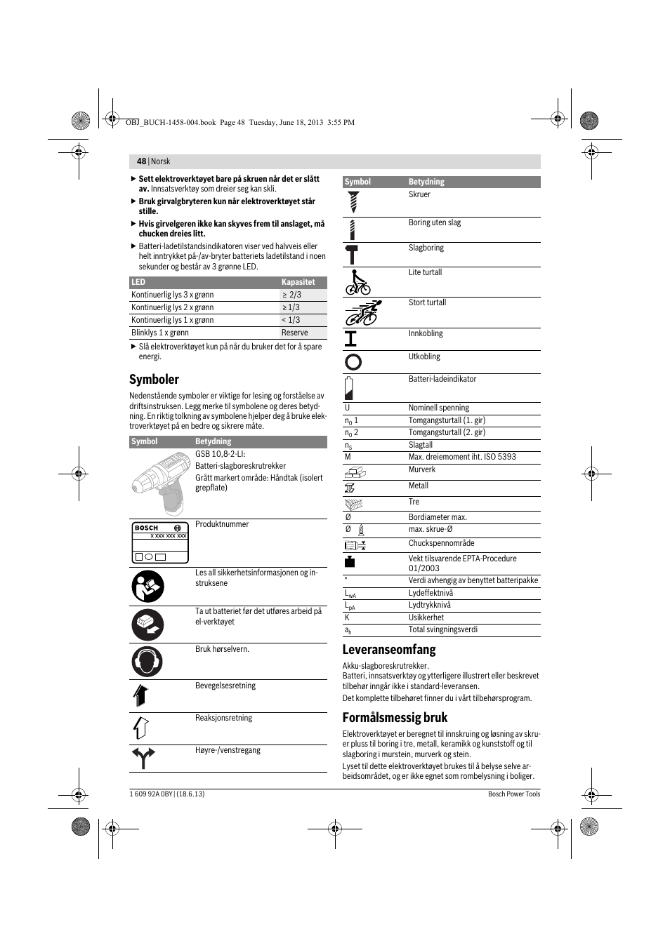 Symboler, Leveranseomfang, Formålsmessig bruk | Bosch GSB 10,8-2-LI Professional User Manual | Page 48 / 157