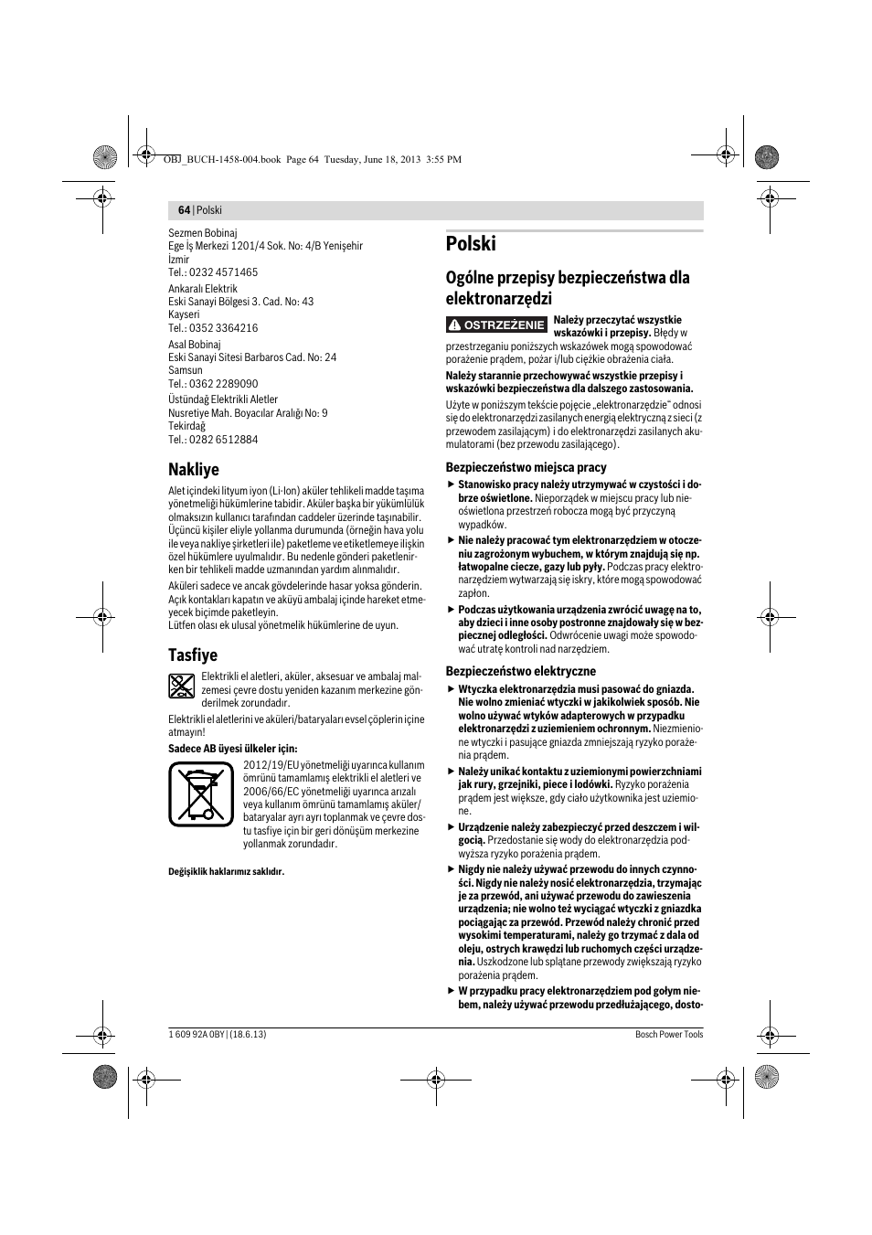 Polski, Nakliye, Tasfiye | Ogólne przepisy bezpieczeństwa dla elektronarzędzi | Bosch GSB 10,8-2-LI Professional User Manual | Page 64 / 157