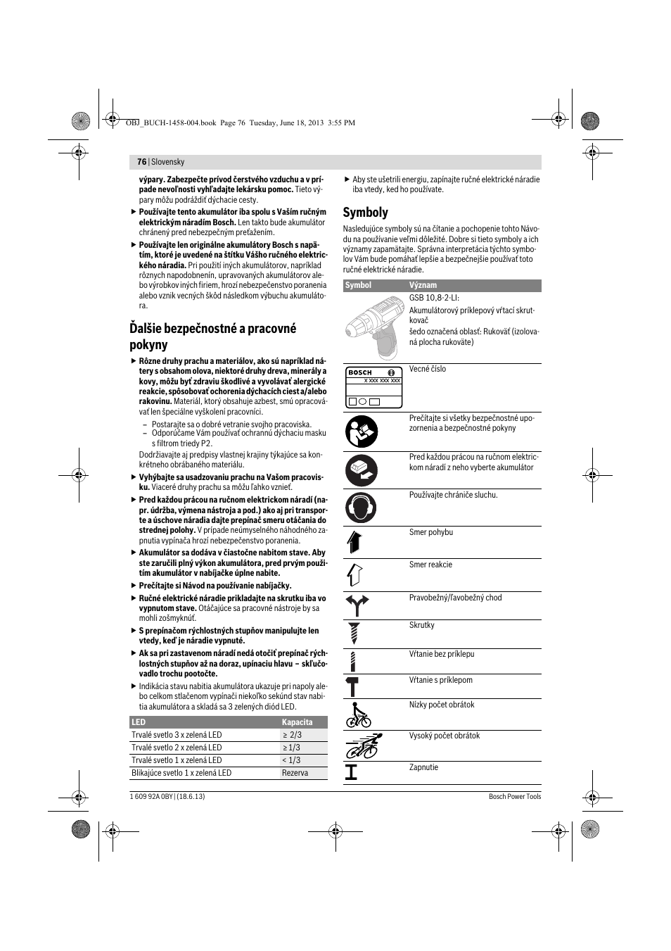 Ďalšie bezpečnostné a pracovné pokyny, Symboly | Bosch GSB 10,8-2-LI Professional User Manual | Page 76 / 157