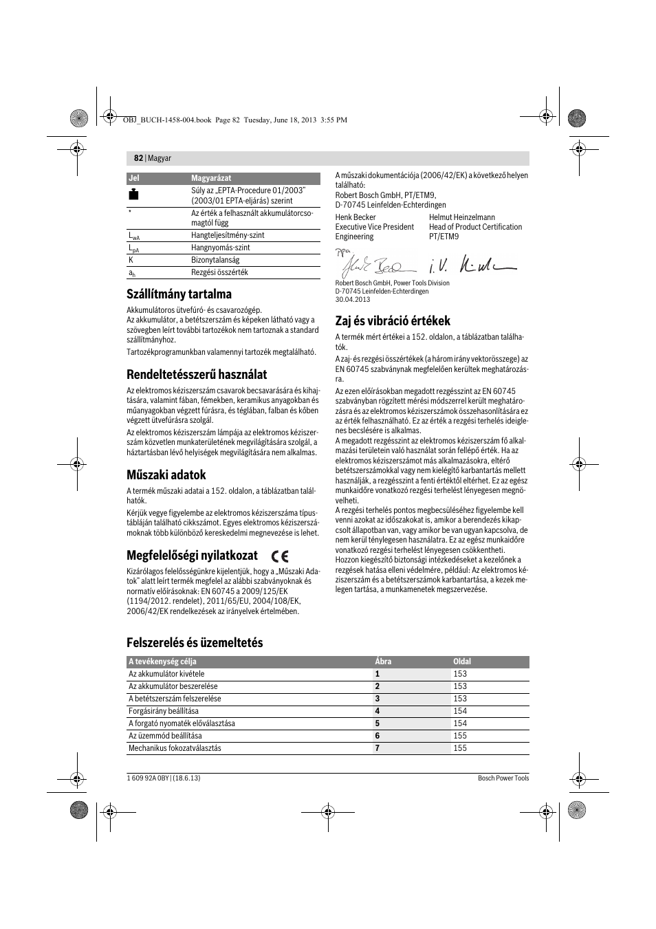 Szállítmány tartalma, Rendeltetésszerű használat, Műszaki adatok | Megfelelőségi nyilatkozat, Zaj és vibráció értékek, Felszerelés és üzemeltetés | Bosch GSB 10,8-2-LI Professional User Manual | Page 82 / 157
