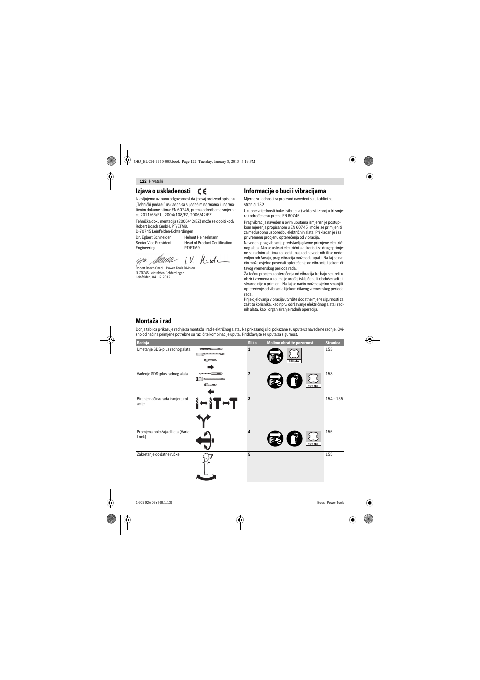 Izjava o usklađenosti, Informacije o buci i vibracijama, Montaža i rad | Bosch GBH 2-20 D Professional User Manual | Page 122 / 158