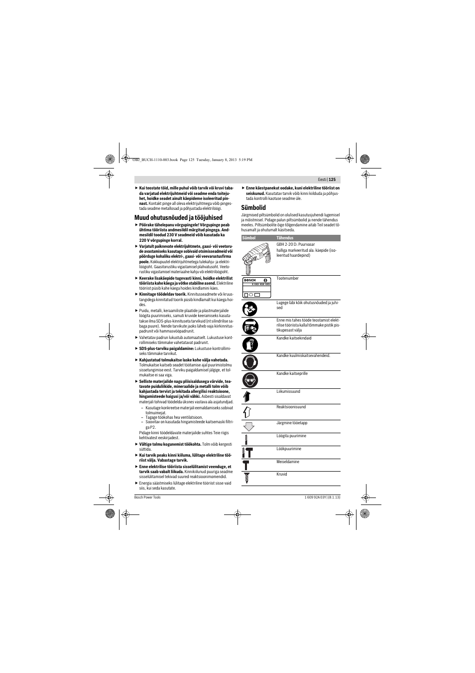 Muud ohutusnõuded ja tööjuhised, Sümbolid | Bosch GBH 2-20 D Professional User Manual | Page 125 / 158