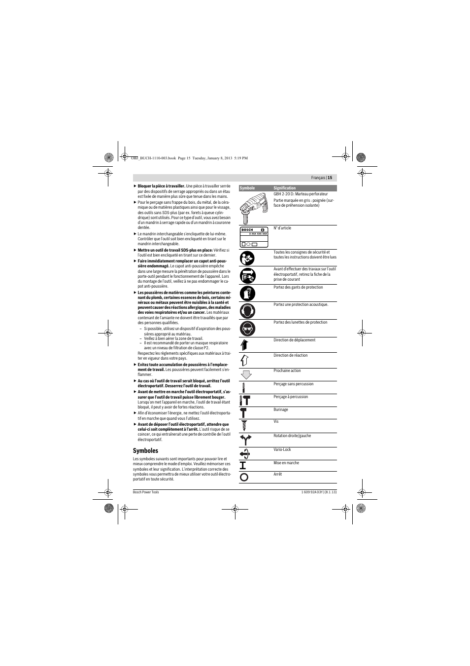 Symboles | Bosch GBH 2-20 D Professional User Manual | Page 15 / 158