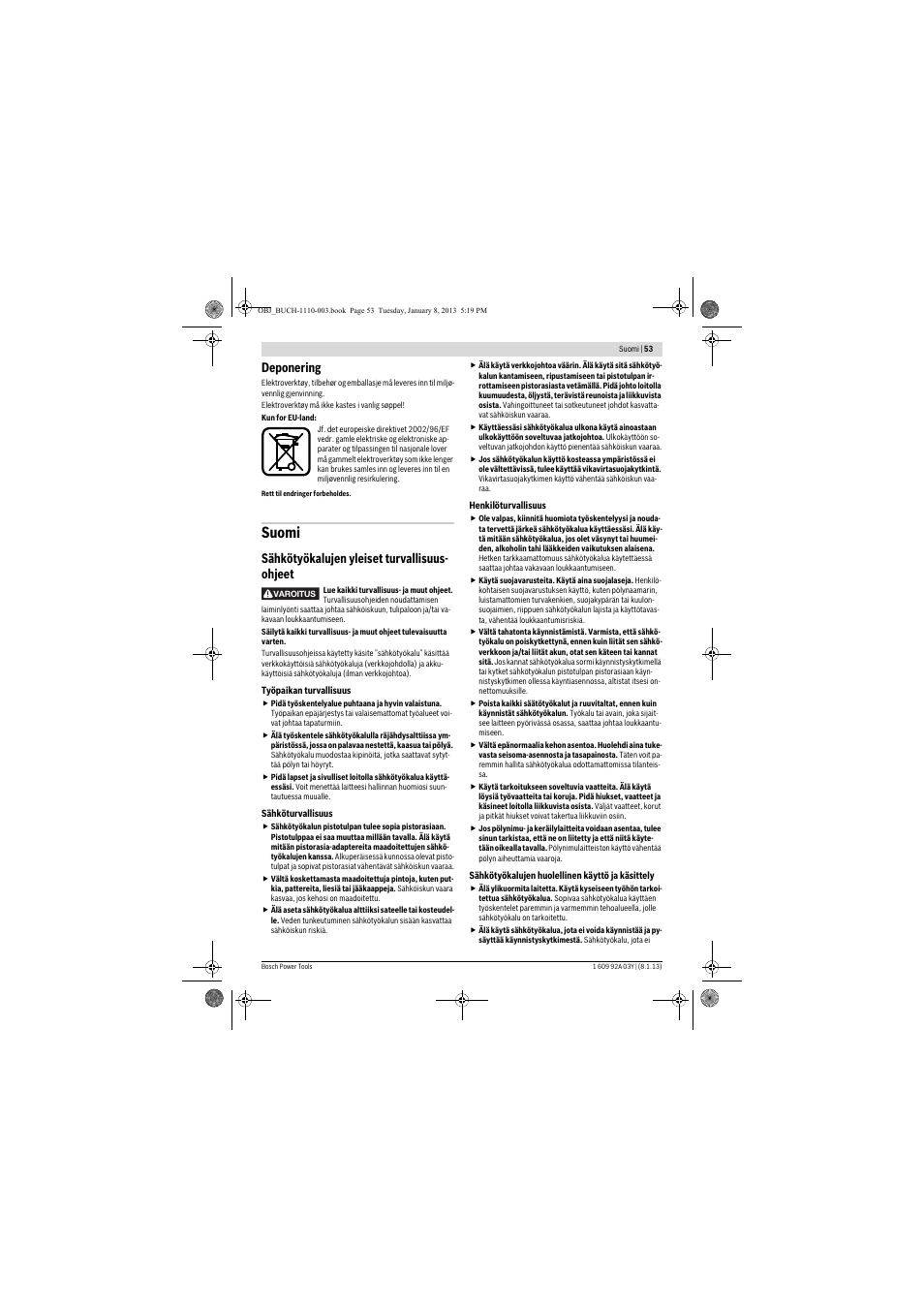 Suomi, Deponering, Sähkötyökalujen yleiset turvallisuus- ohjeet | Bosch GBH 2-20 D Professional User Manual | Page 53 / 158
