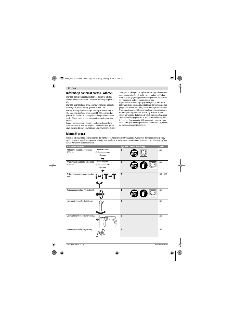 Informacja na temat hałasu i wibracji, Montaż i praca | Bosch GBH 2-20 D Professional User Manual | Page 72 / 158